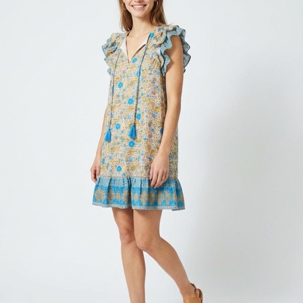 Doe and Rae Boho Floral Ruffle Sleeve Mini Dress Tassel Tie Neck Size M
